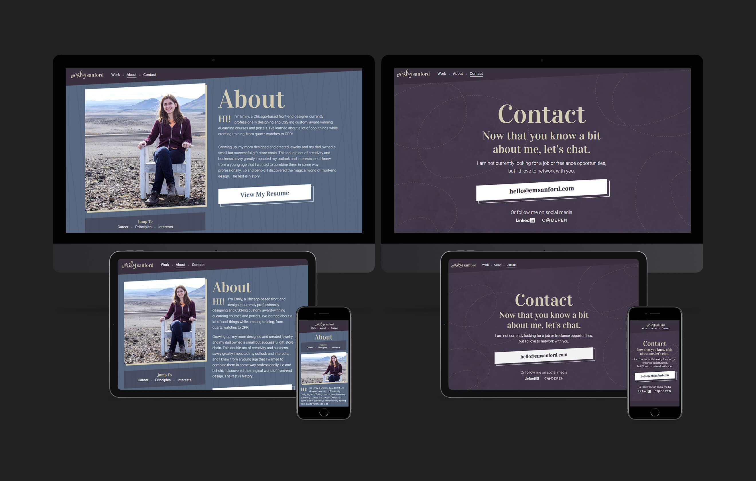 The About and Contact finalized pages displayed on a phone, tablet, and desktop computer.