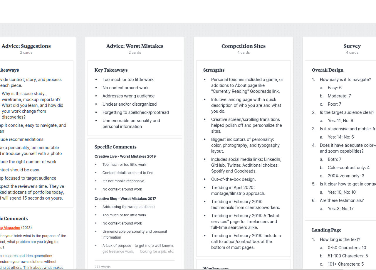 A screenshot of some research I noted, including: suggestions, worst mistakes, strengths/weaknesses, and a survey.