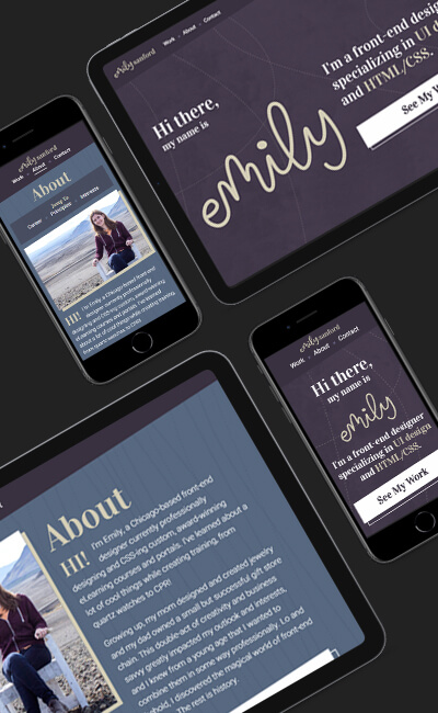 The About and Contact pages of this website displayed on a tablet and phone.